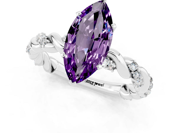 White gold Marquise Cut Amethyst Solitaire Ring with Twisted Band and Pavé Accents