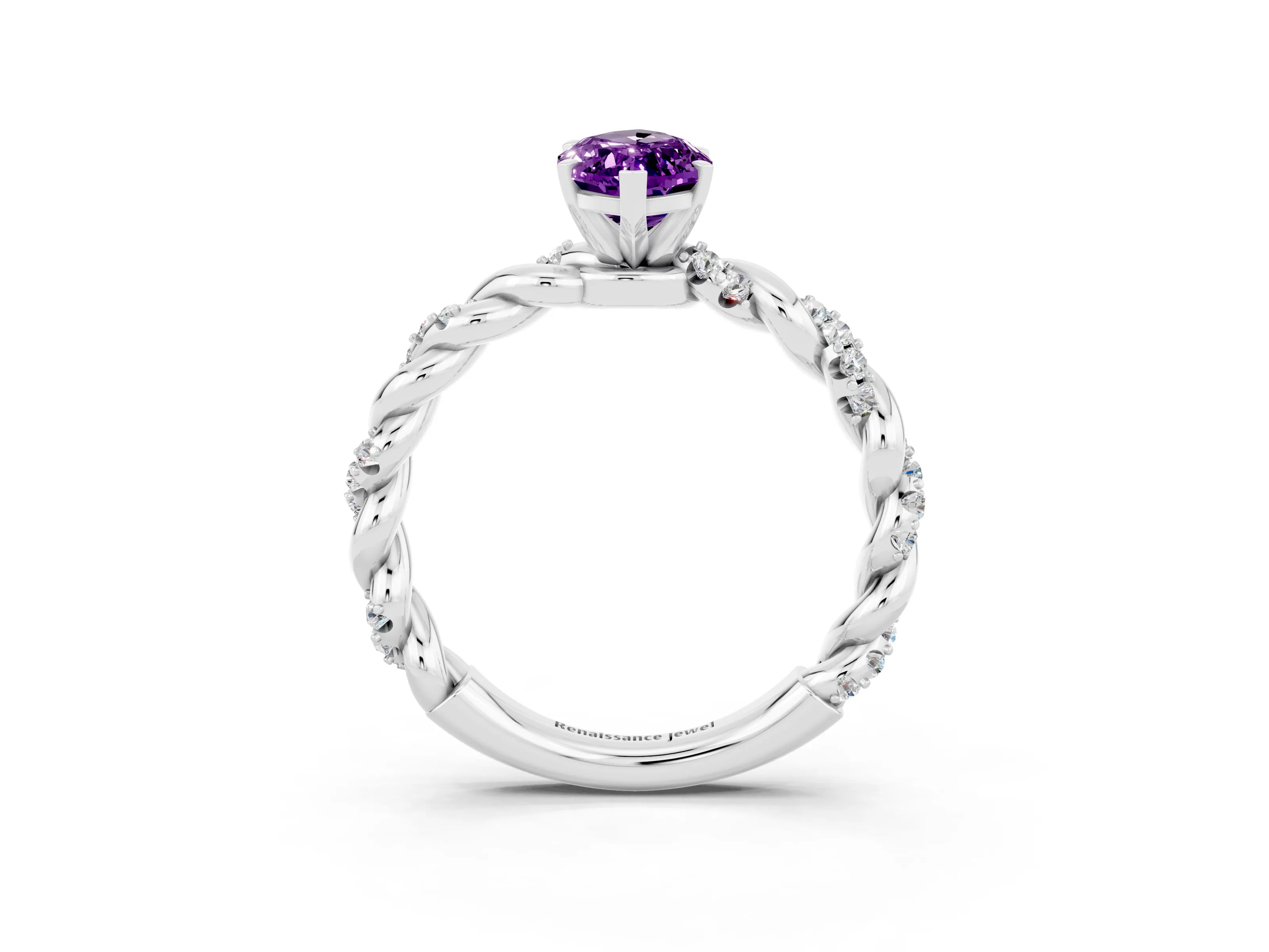 White gold Marquise Cut Amethyst Solitaire Ring with Twisted Band and Pavé Accents_3