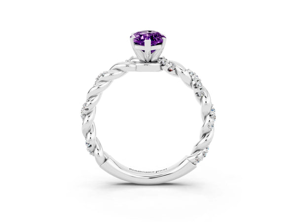 Platinum Marquise Cut Amethyst Solitaire Ring with Twisted Band and Pavé Accents