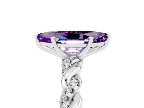 White gold Marquise Cut Amethyst Solitaire Ring with Twisted Band and Pavé Accents_5