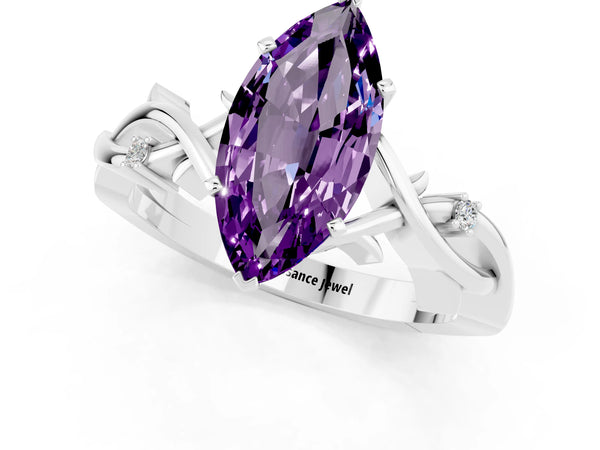 Platinum Marquise Cut Amethyst Solitaire Ring with Twisted Band and Prong Setting