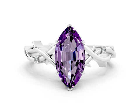 White gold Marquise Cut Amethyst Solitaire Ring with Twisted Band and Prong Setting_12