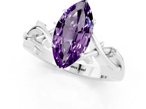 White gold Marquise Cut Amethyst Solitaire Ring with Twisted Band and Prong Setting_1