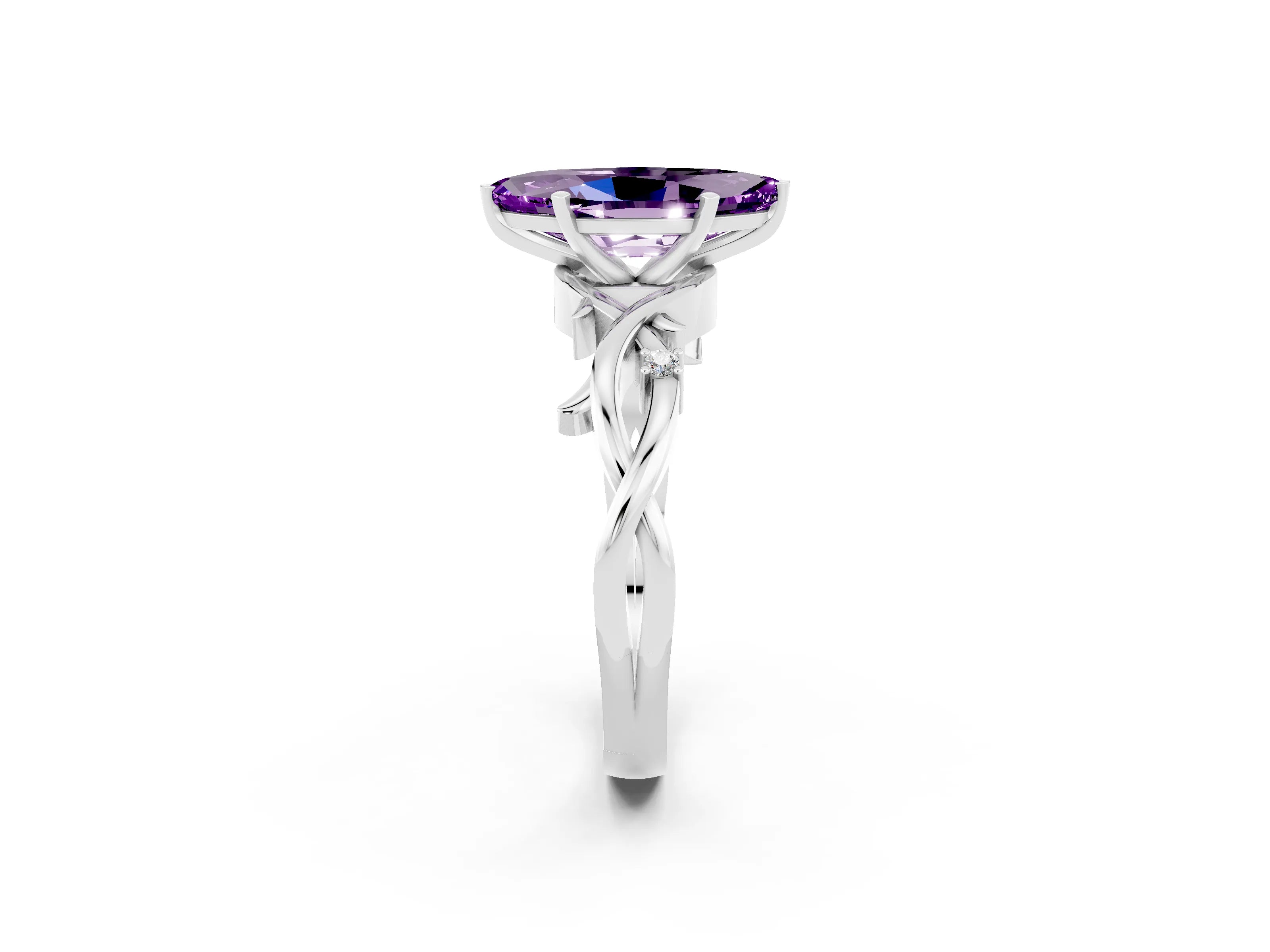 White gold Marquise Cut Amethyst Solitaire Ring with Twisted Band and Prong Setting_2