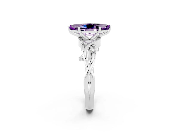 Silver Marquise Cut Amethyst Solitaire Ring with Twisted Band and Prong Setting