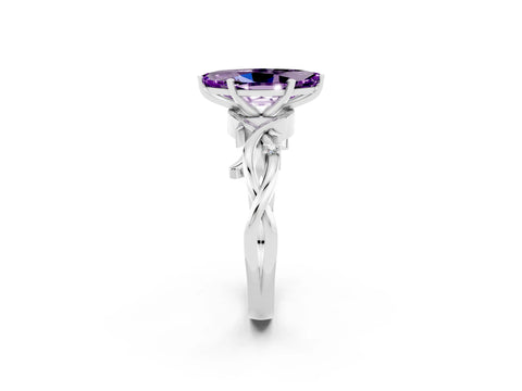 White gold Marquise Cut Amethyst Solitaire Ring with Twisted Band and Prong Setting_2