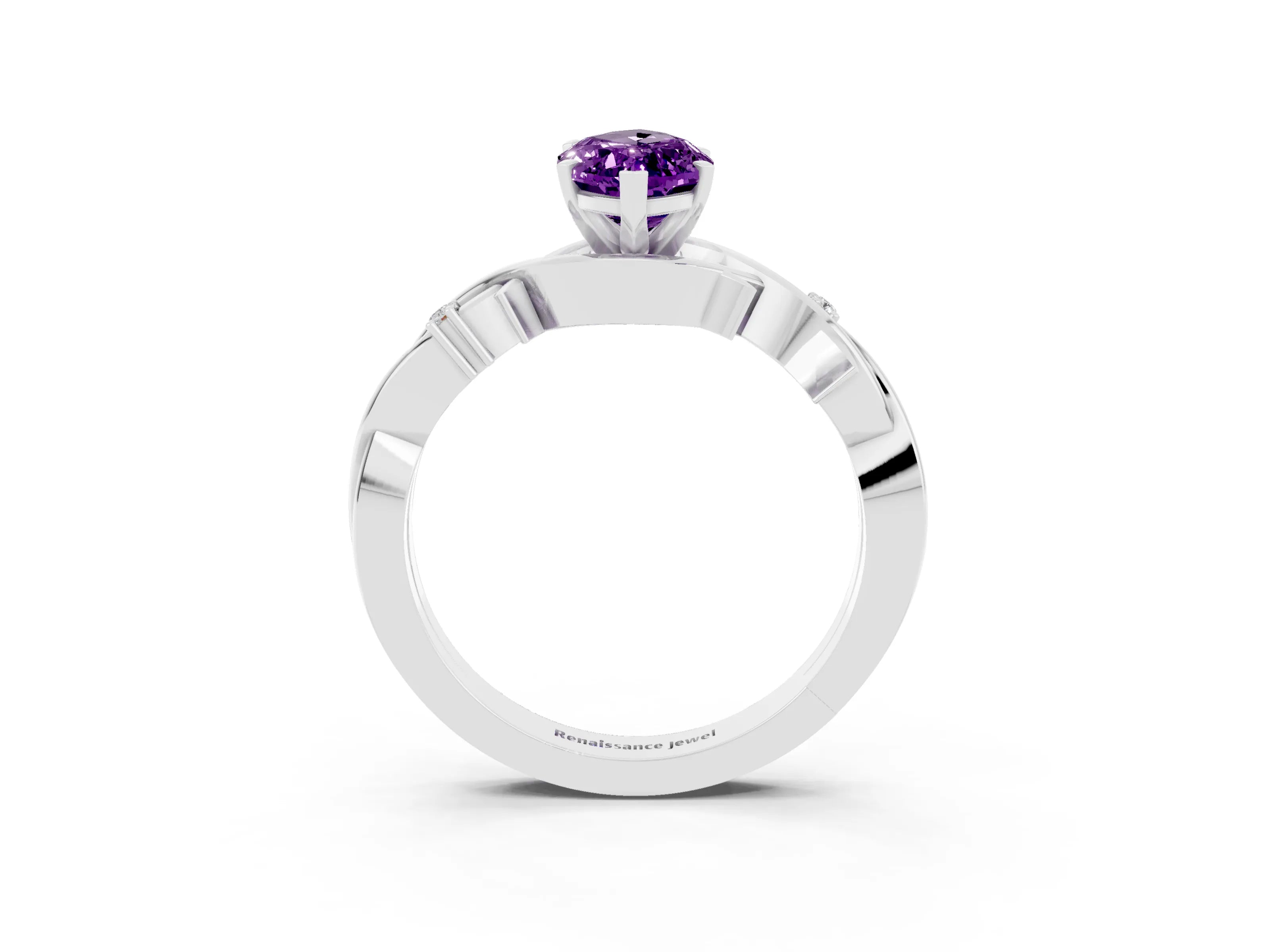 White gold Marquise Cut Amethyst Solitaire Ring with Twisted Band and Prong Setting_3