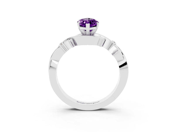 Silver Marquise Cut Amethyst Solitaire Ring with Twisted Band and Prong Setting