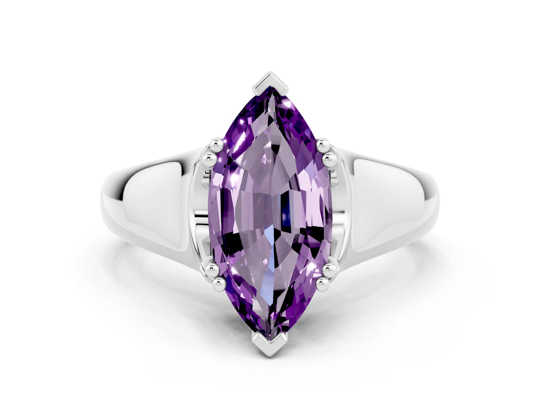 White gold Marquise Cut Amethyst Solitaire Ring with Wide Band and Prong Setting