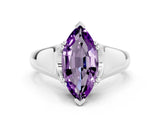 White gold Marquise Cut Amethyst Solitaire Ring with Wide Band and Prong Setting