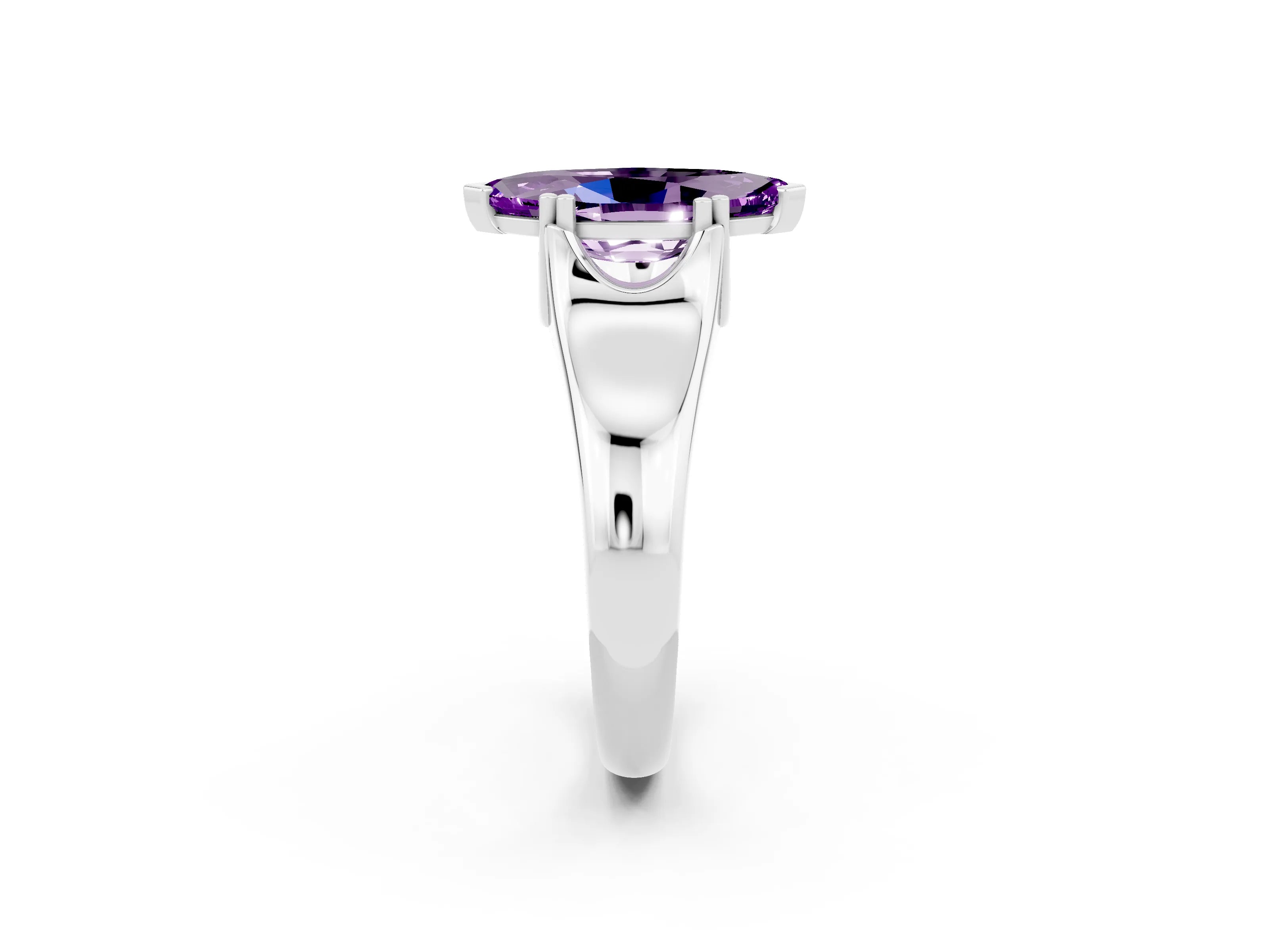 White gold Marquise Cut Amethyst Solitaire Ring with Wide Band and Prong Setting_2