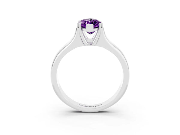Silver Marquise Cut Amethyst Solitaire Ring with Wide Band and Prong Setting