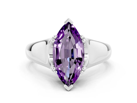White gold Marquise Cut Amethyst Solitaire Ring with Wide Band and Prong Setting