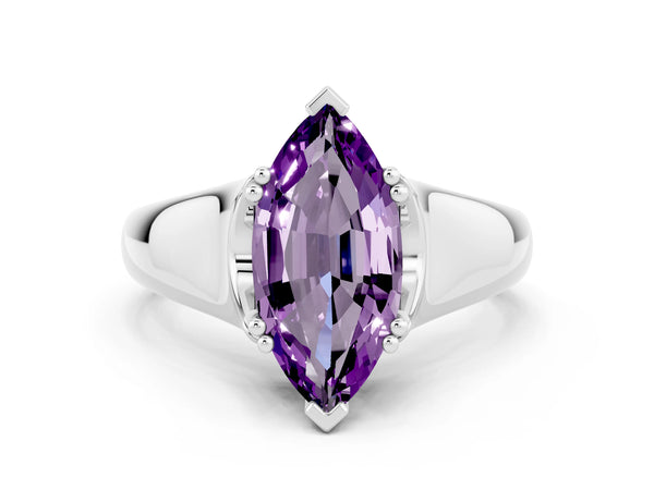 Silver Marquise Cut Amethyst Solitaire Ring with Wide Band and Prong Setting
