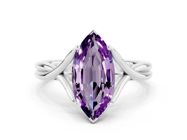 White gold Marquise Cut Amethyst Solitaire Twist Band Prong Setting Ring