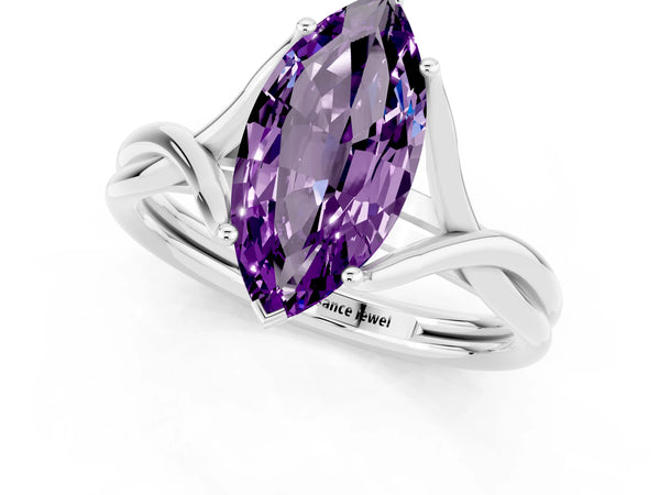 Platinum Marquise Cut Amethyst Solitaire Twist Band Prong Setting Ring