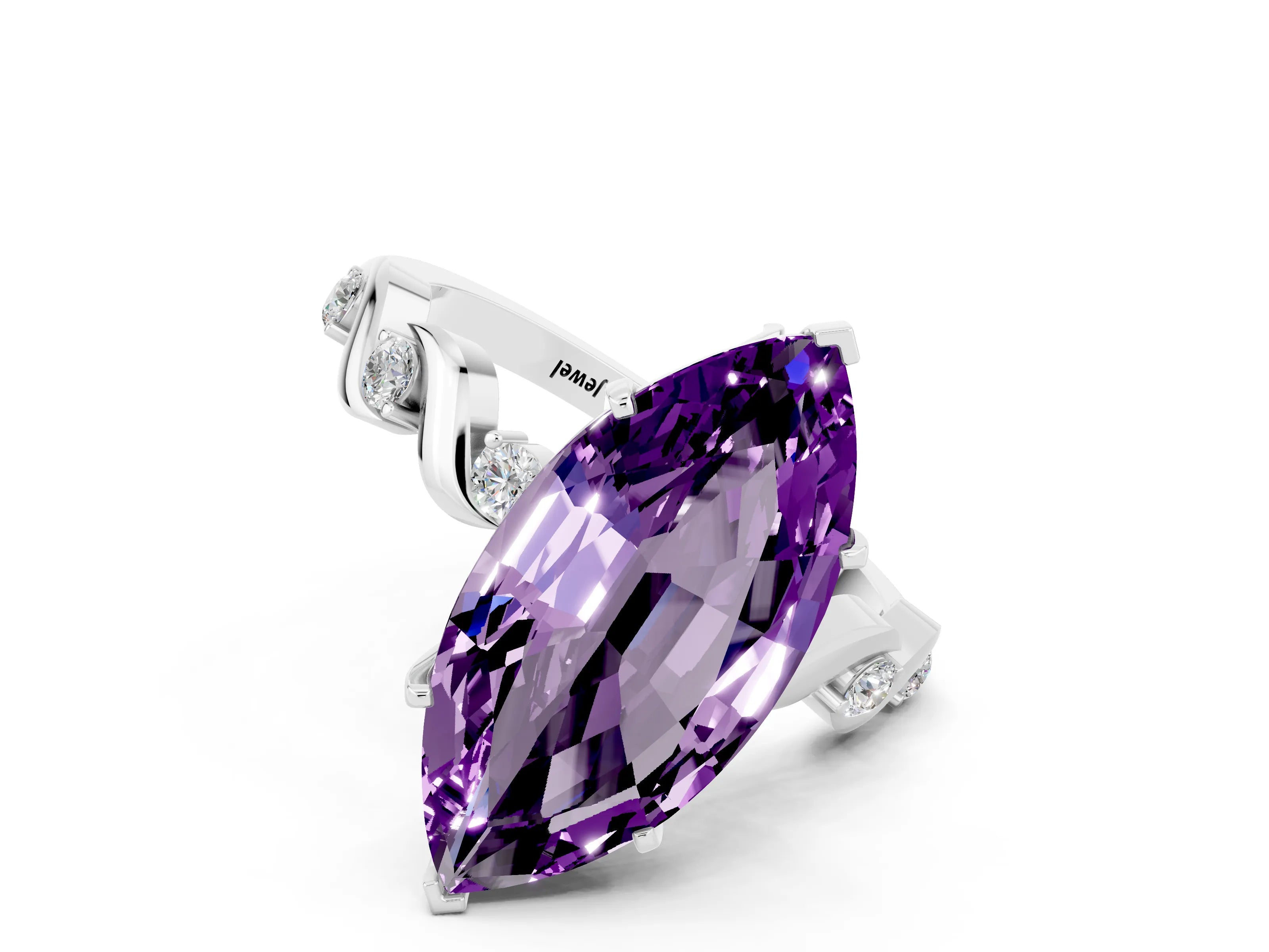 White gold Marquise Cut Amethyst Solitaire Twisted Band with Round  Accents and Prong Setting_12