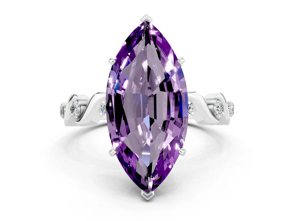 White gold Marquise Cut Amethyst Solitaire Twisted Band with Round  Accents and Prong Setting