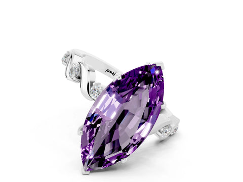 White gold Marquise Cut Amethyst Solitaire Twisted Band with Round  Accents and Prong Setting_12