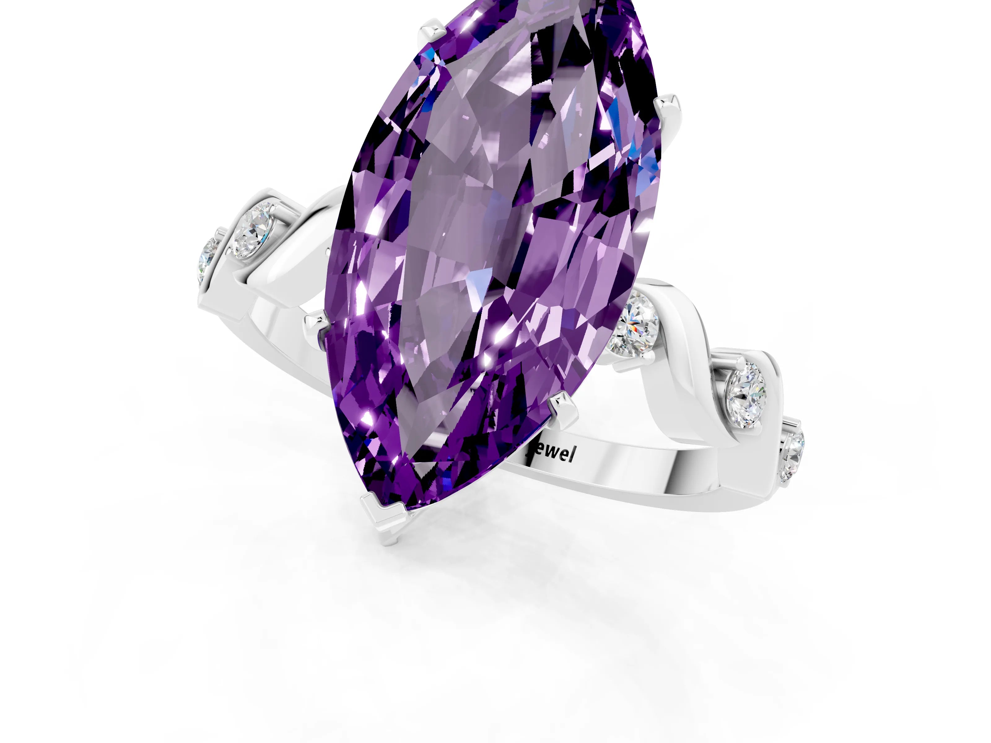 White gold Marquise Cut Amethyst Solitaire Twisted Band with Round  Accents and Prong Setting_13