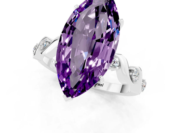 Silver Marquise Cut Amethyst Solitaire Twisted Band with Round  Accents and Prong Setting