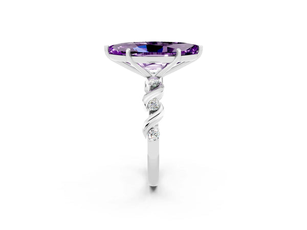 Platinum Marquise Cut Amethyst Solitaire Twisted Band with Round  Accents and Prong Setting
