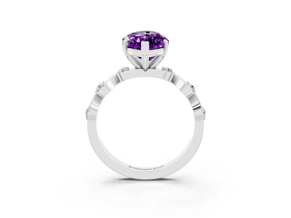 Platinum Marquise Cut Amethyst Solitaire Twisted Band with Round  Accents and Prong Setting