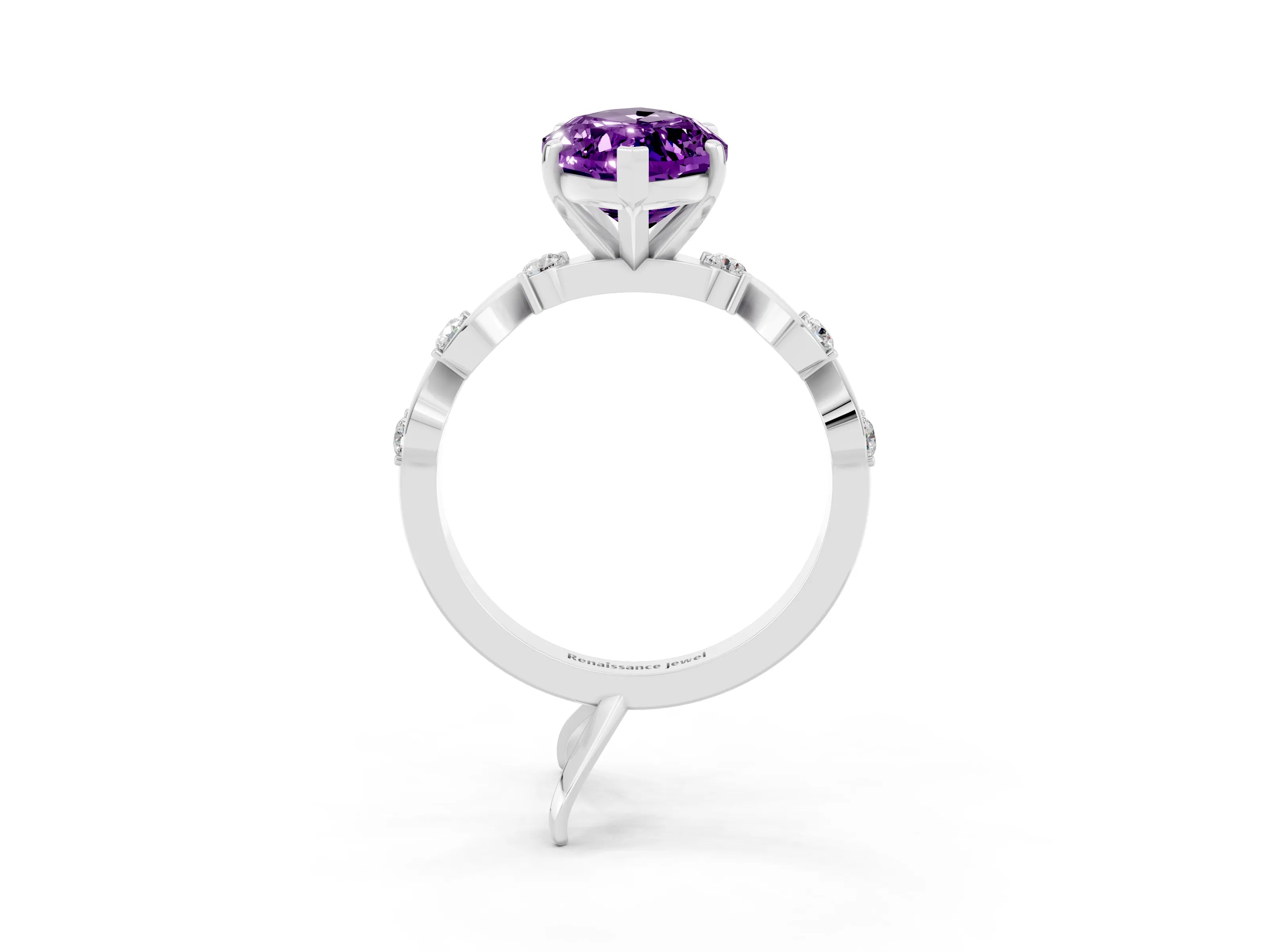 White gold Marquise Cut Amethyst Solitaire Twisted Band with Round  Accents and Prong Setting_15