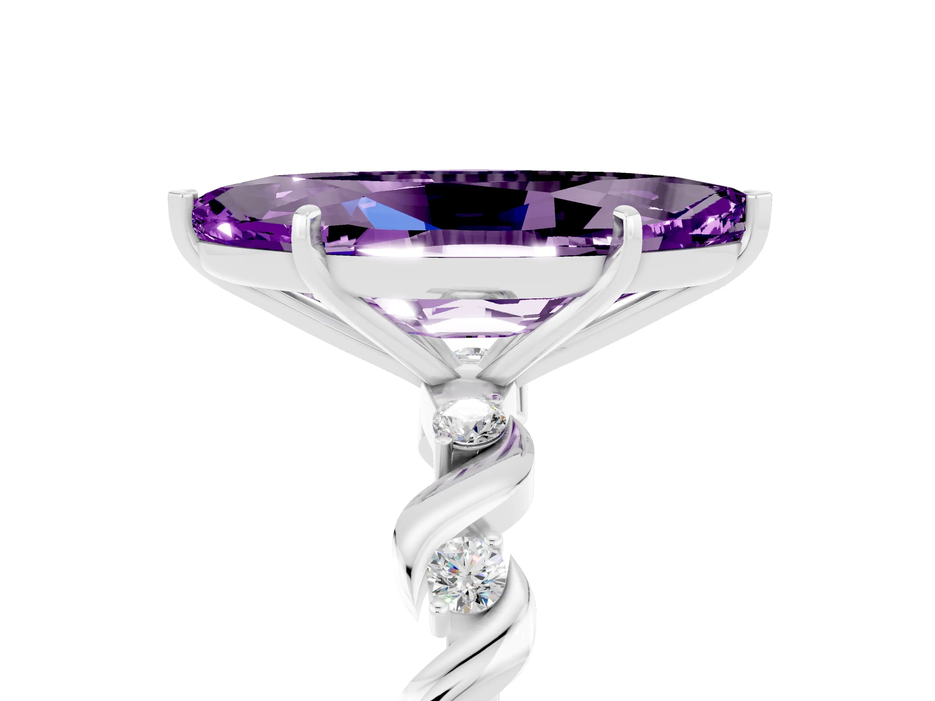 White gold Marquise Cut Amethyst Solitaire Twisted Band with Round  Accents and Prong Setting_17