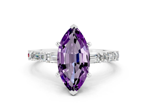 Platinum Marquise Cut Amethyst Solitaire with Side Baguettes and Channel Set Band