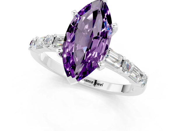 Silver Marquise Cut Amethyst Solitaire with Side Baguettes and Channel Set Band