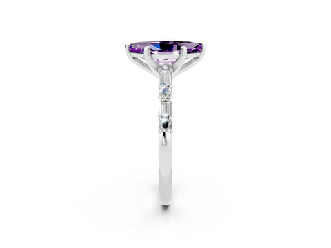 White gold Marquise Cut Amethyst Solitaire with Side Baguettes and Channel Set Band_2