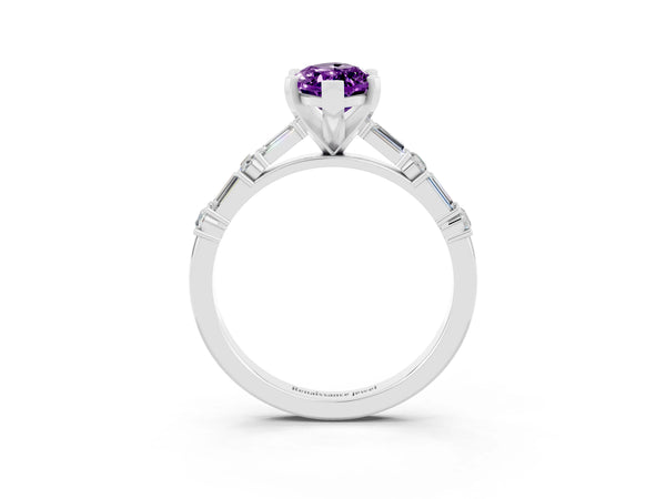 White gold Marquise Cut Amethyst Solitaire with Side Baguettes and Channel Set Band