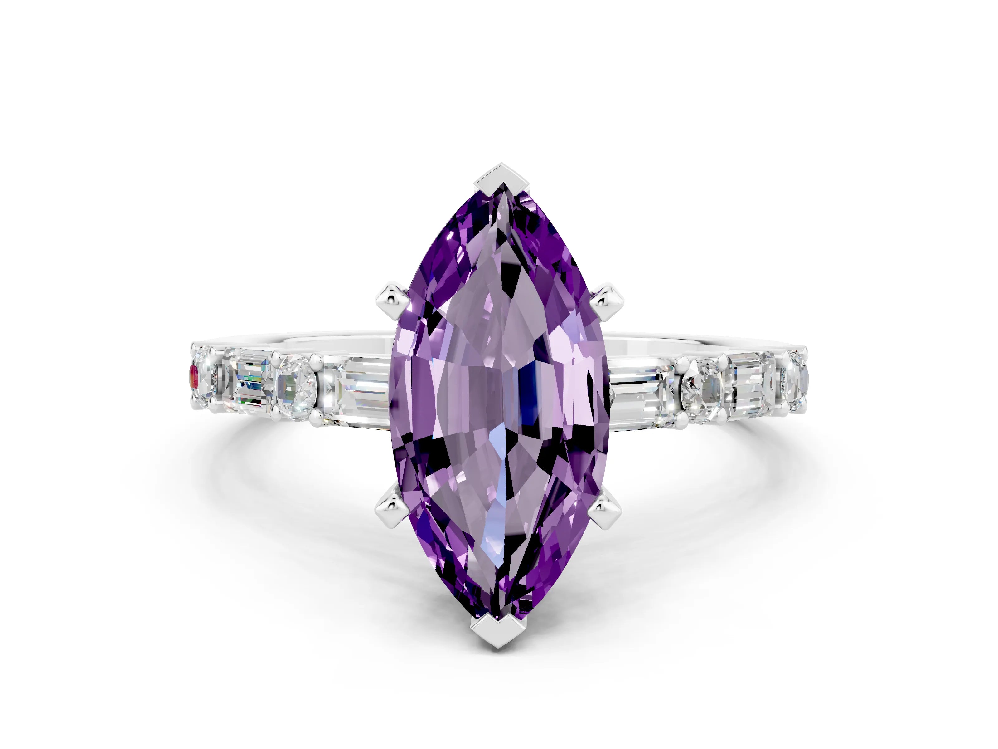 White gold Marquise Cut Amethyst Solitaire with Side Baguettes and Channel Set Band