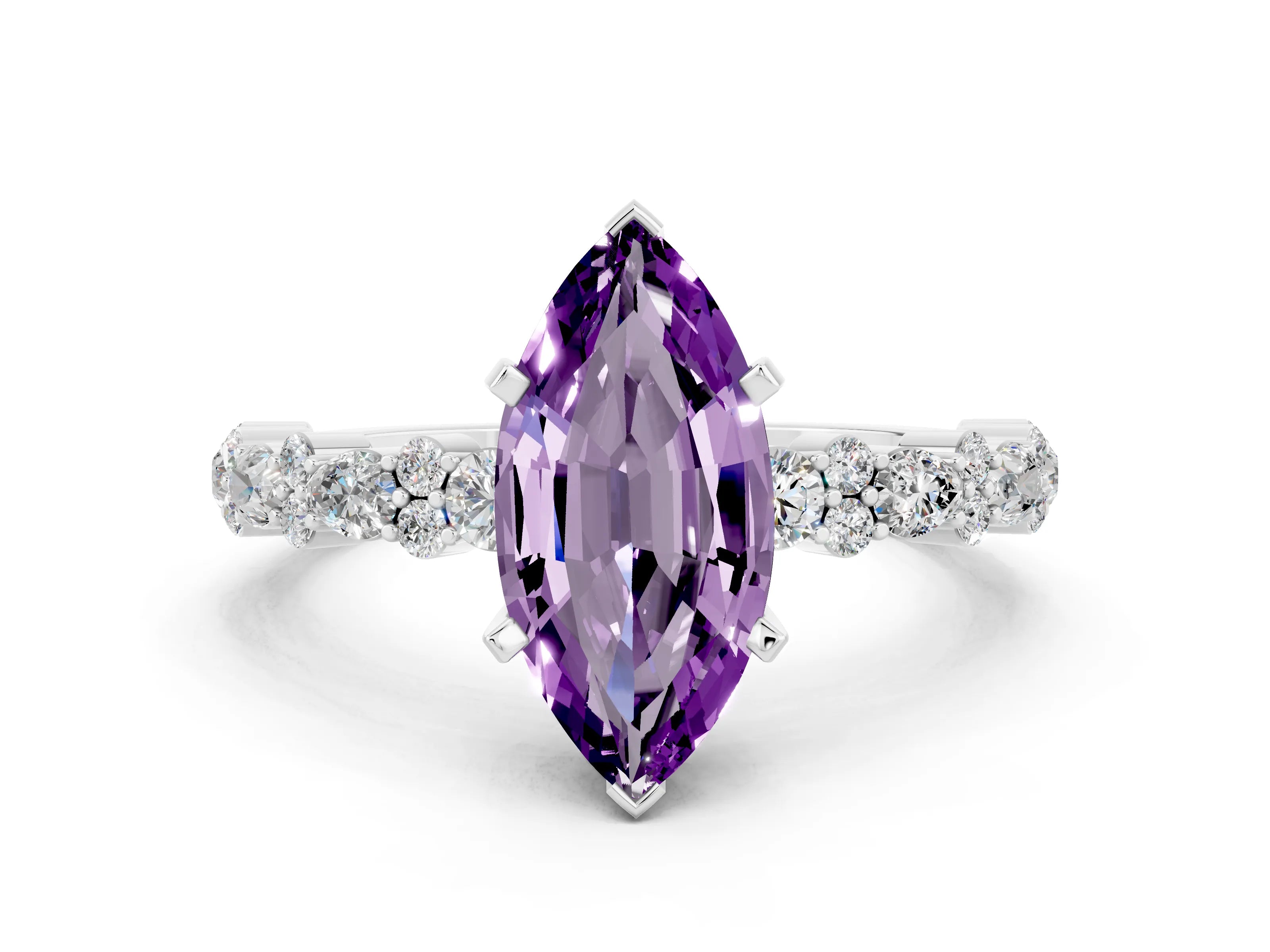 White gold Marquise Cut Amethyst Solitaire with Side Stones, Pave Band, Four-Prong Setting_12