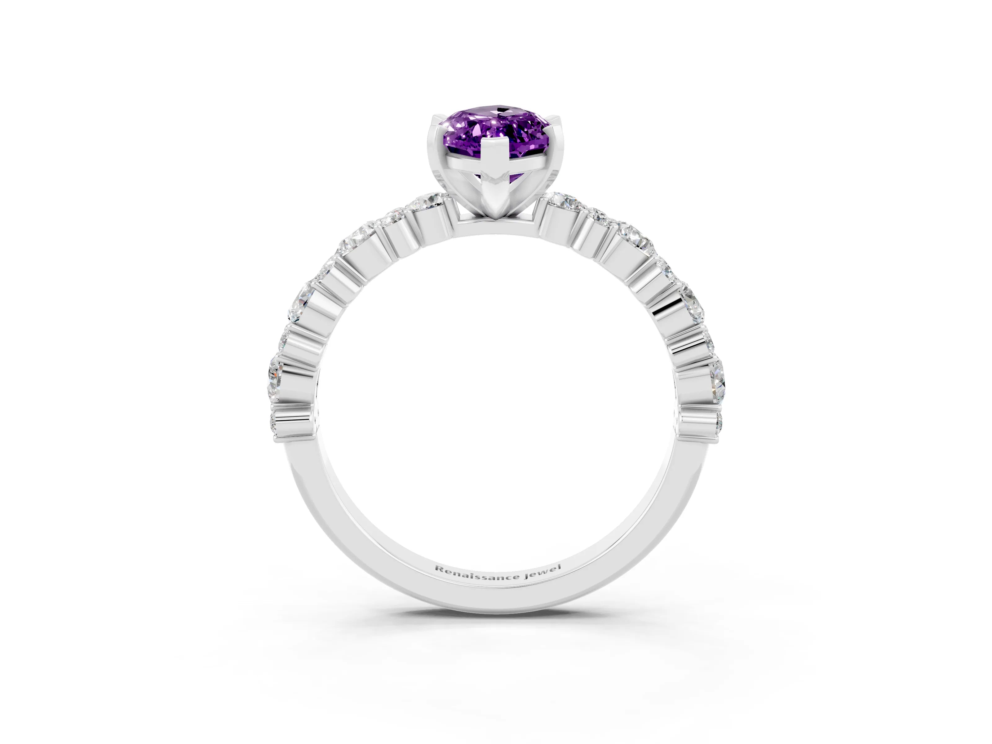 White gold Marquise Cut Amethyst Solitaire with Side Stones, Pave Band, Four-Prong Setting_15