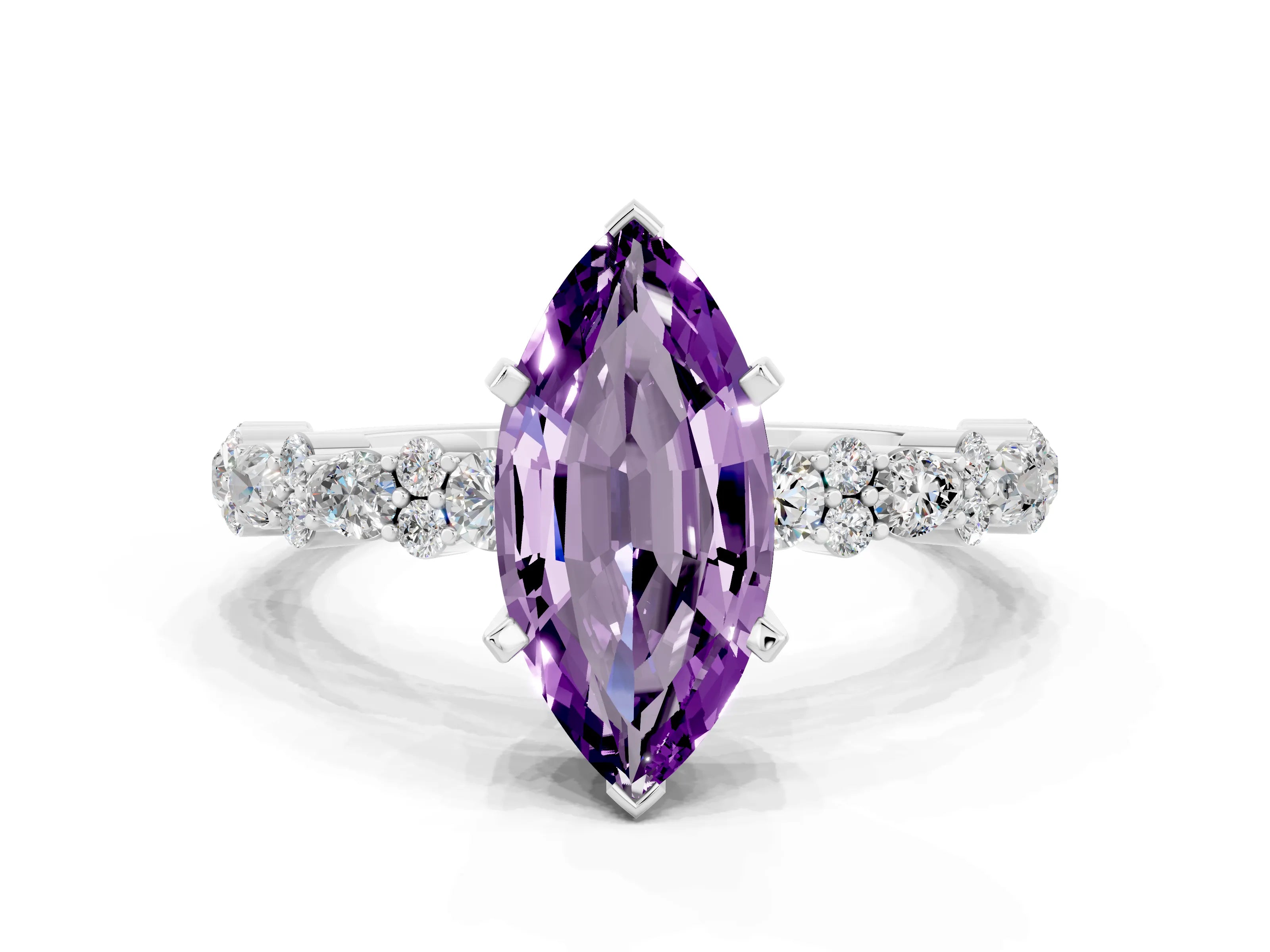 White gold Marquise Cut Amethyst Solitaire with Side Stones, Pave Band, Four-Prong Setting_36