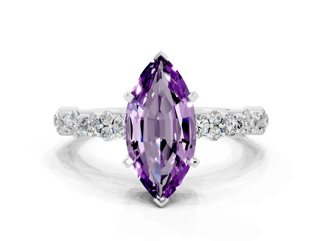 White gold Marquise Cut Amethyst Solitaire with Side Stones, Pave Band, Four-Prong Setting_36