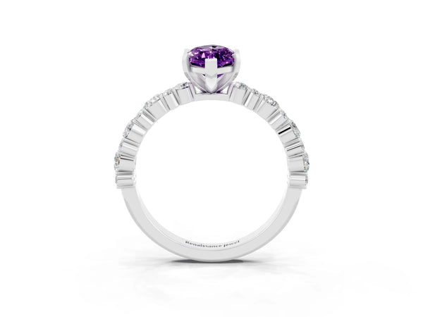 White gold Marquise Cut Amethyst Side Stone Solitaire Ring with Round  and Four-Prong Setting
