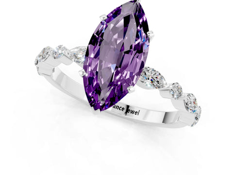 White gold Marquise Cut Amethyst Solitaire with Side Stones on a Pavé Band and Four-Prong Setting_1