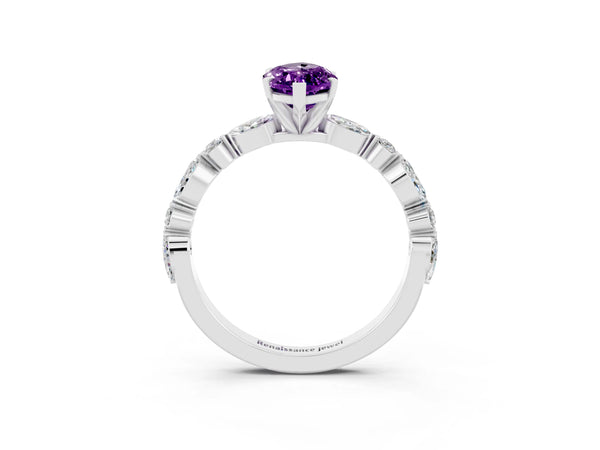 Platinum Marquise Cut Amethyst Ring with Marquise and Round  Side Stones and Four-Prong Setting
