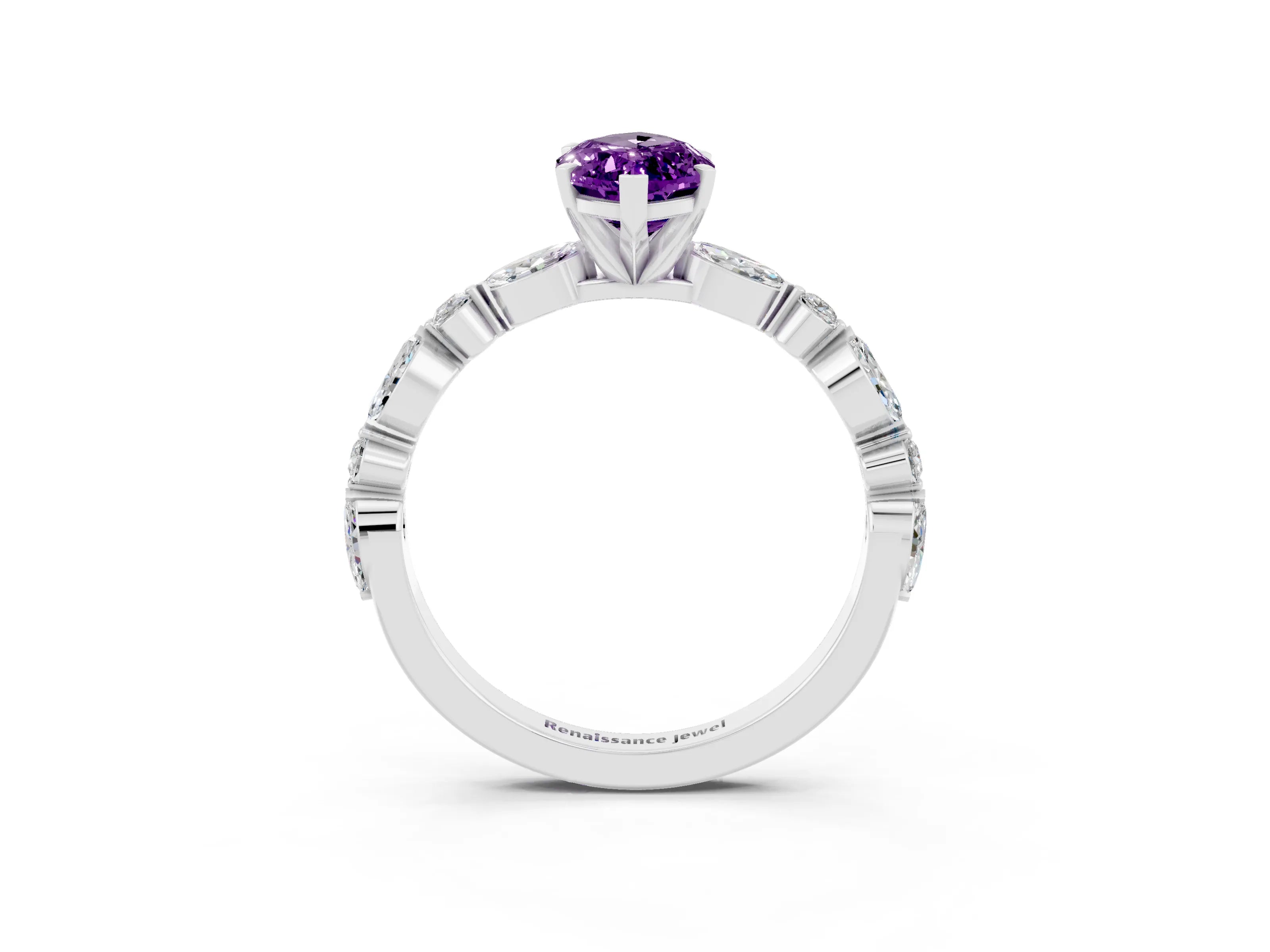 White gold Marquise Cut Amethyst Solitaire with Side Stones on a Pavé Band and Four-Prong Setting_3