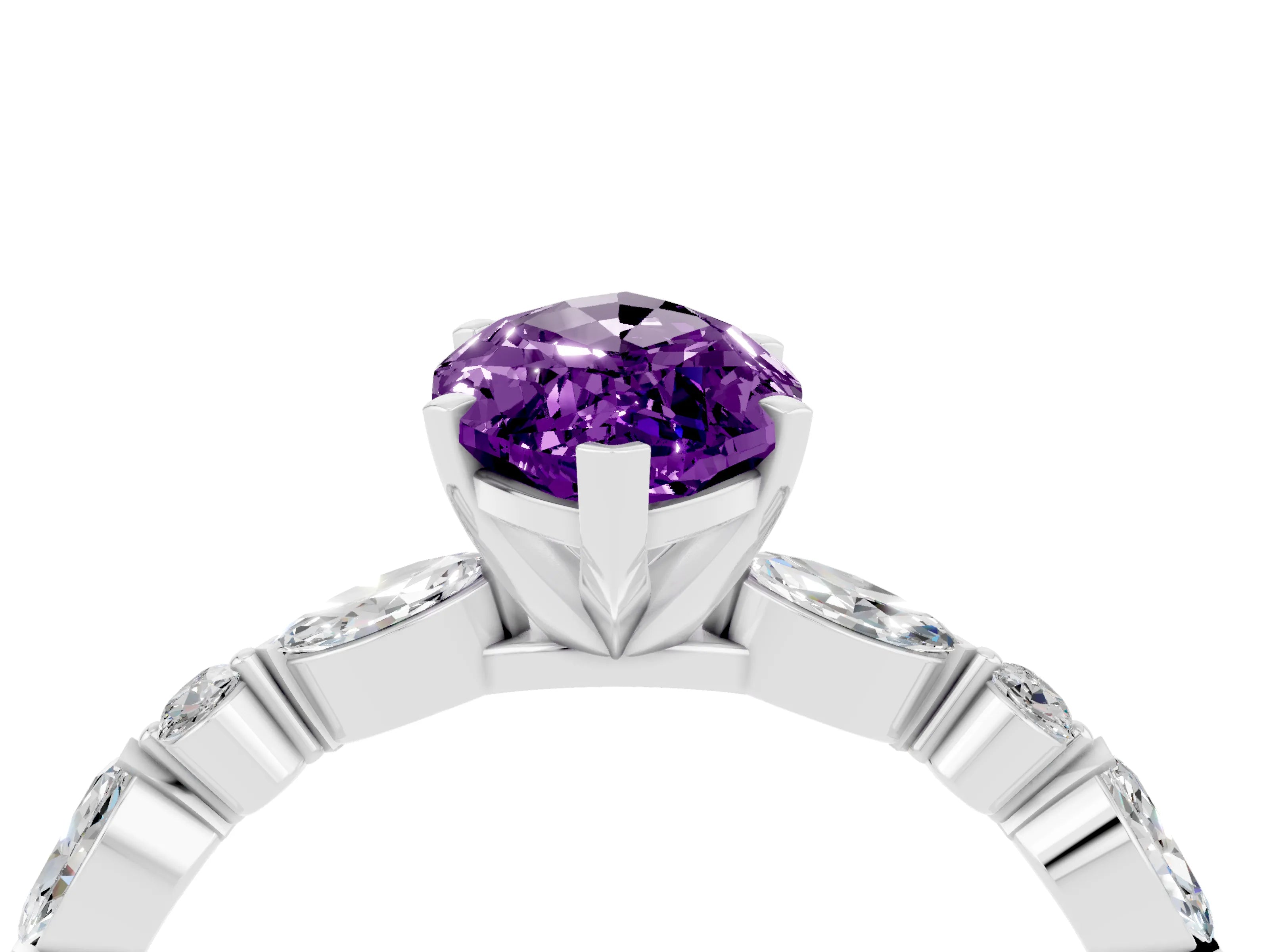 White gold Marquise Cut Amethyst Solitaire with Side Stones on a Pavé Band and Four-Prong Setting_4
