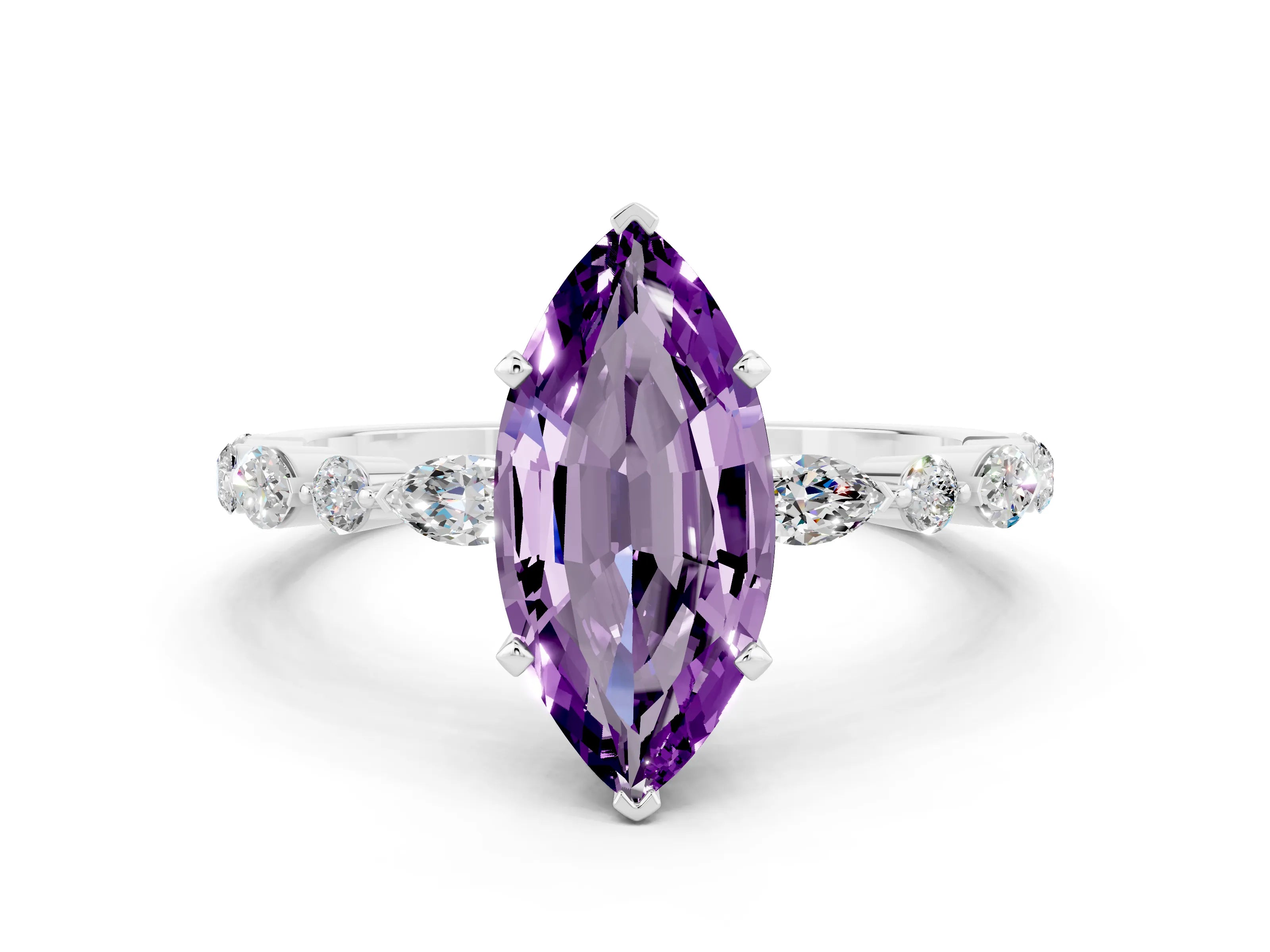White gold Marquise Cut Amethyst Solitaire with Side Stones on a Pavé Band and Four-Prong Setting