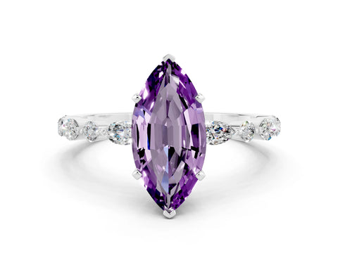 White gold Marquise Cut Amethyst Solitaire with Side Stones on a Pavé Band and Four-Prong Setting