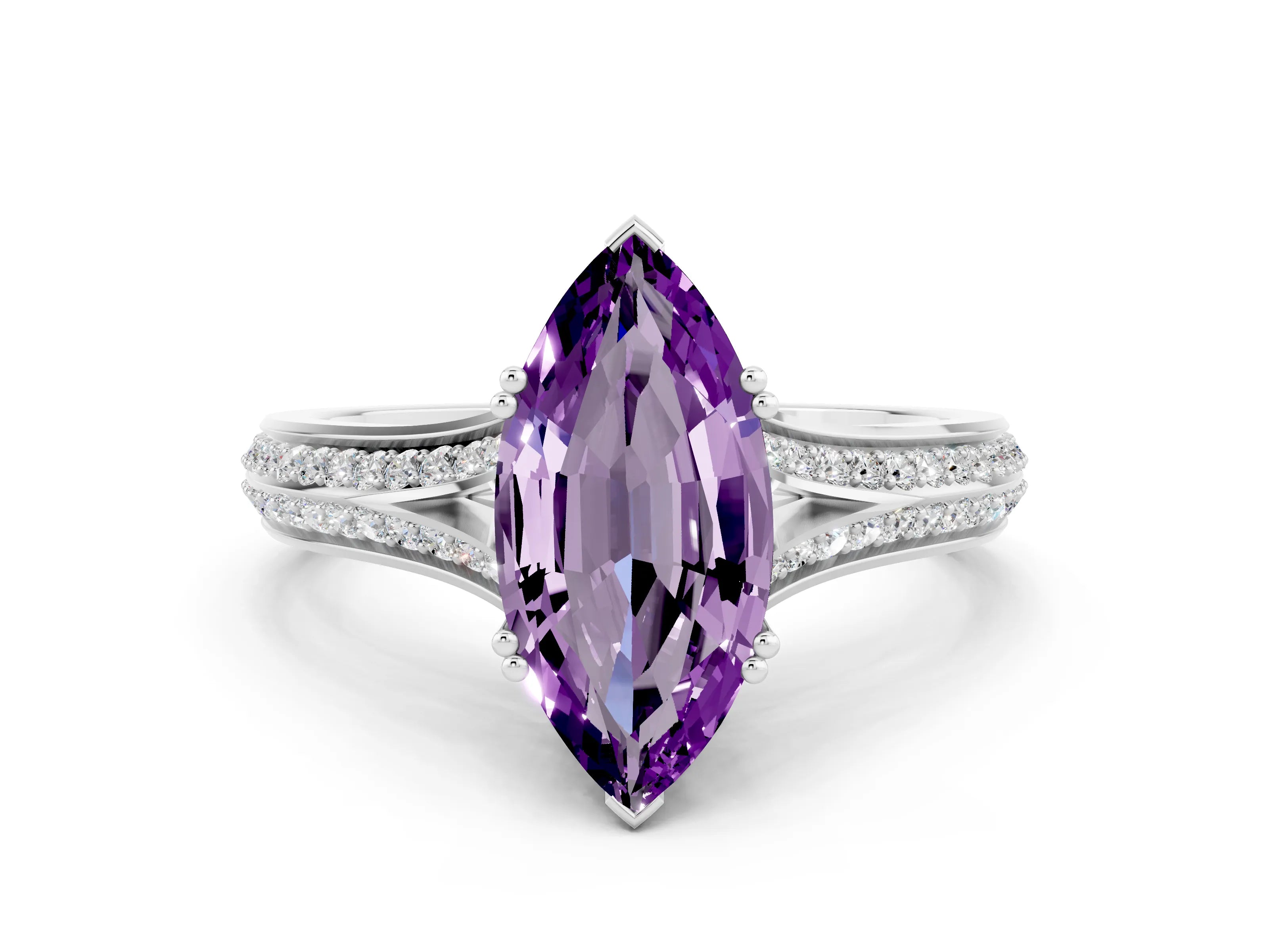 White gold Marquise Cut Amethyst Split Shank Engagement Ring with Pavé Band