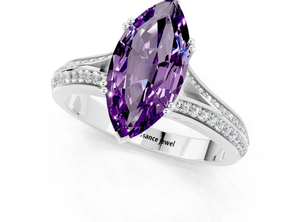 Silver Marquise Cut Amethyst Split Shank Engagement Ring with Pavé Band