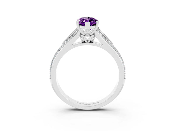 White gold Marquise Cut Amethyst Split Shank Engagement Ring with Pavé Band