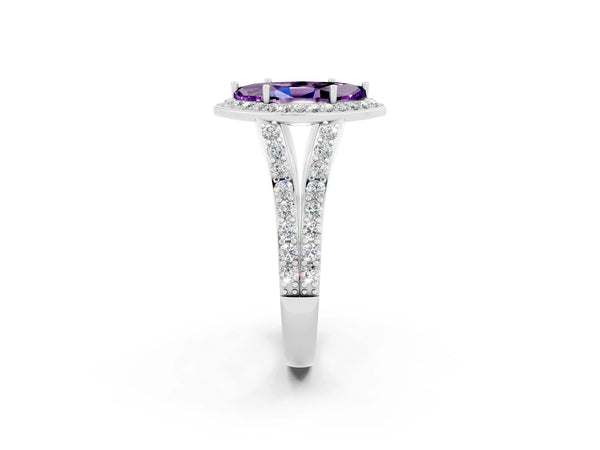 Platinum Marquise Cut Amethyst Split Shank Halo Ring with Four-Prong Setting