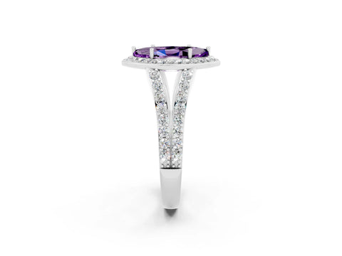 White gold Marquise Cut Amethyst Split Shank Halo Ring with Four-Prong Setting_14